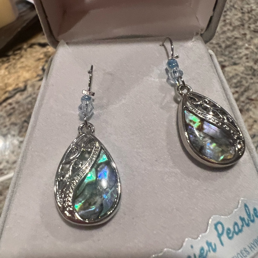Mother of Pearl Silver Blue Teardrop Earrings with Decorative Border